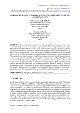 Philosophical Perceptions of Suicide and Implications for the Sanctity of Life