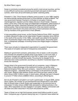 By Alfred Taban Logune Sudan Is Commonly Considered Among the World's Most Corrupt Countries, Yet This Is Very Difficult to Pr