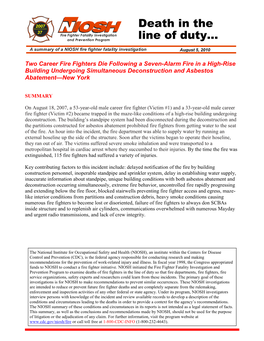 Two Career Fire Fighters Die Following a Seven-Alarm Fire in a High-Rise Building Undergoing Simultaneous Deconstruction and Asbestos Abatement—New York