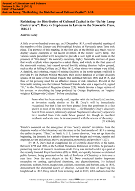 Safety Lamp Controversy”: Davy Vs Stephenson in Letters to the Newcastle Press, 1816-17