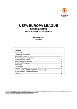 Uefa Europa League Season 2009/10 Matchweek Stats Pack
