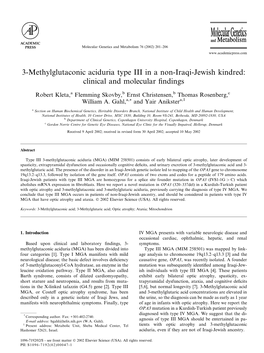 3-Methylglutaconic Aciduria Type III in a Non-Iraqi-Jewish Kindred: Clinical and Molecular ﬁndings