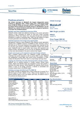 Malakoff, the Largest Independent Power Producer in Malaysia with a HOLD Rating and a DCF-Based Target Price of RM1.92