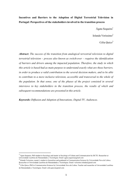 Incentives and Barriers to the Adoption of Digital Terrestrial Television in Portugal: Perspectives of the Stakeholders Involved in the Transition Process