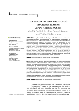 The Mamluk Jan Bardi Al-Ghazali and the Ottoman Sultanate: a New