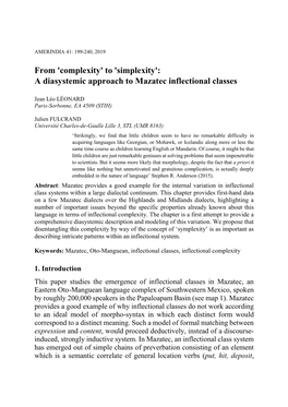 A Diasystemic Approach to Mazatec Inflectional Classes