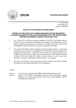 Report of the Opcw Fact-Finding Mission in Syria Regarding Alleged Incidents in the Idlib Governorate of the Syrian Arab Republic Between 16 March and 20 May 2015