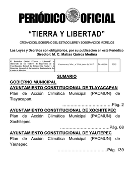 Tierra Y Libertad” Órgano Del Gobierno Del Estado Libre Y Soberano De Morelos