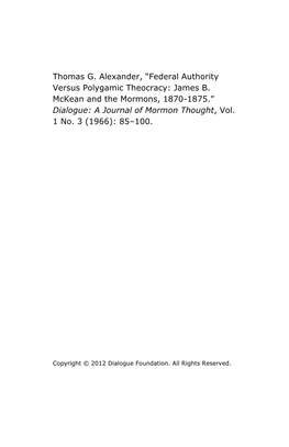 Thomas G. Alexander, “Federal Authority Versus Polygamic Theocracy: James B