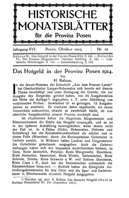 HISTORISCHE MONATSBLÄTTER Für Die Provinz Posen Z 0 Jahrgang XVI Posen, Oktober 1915 B!