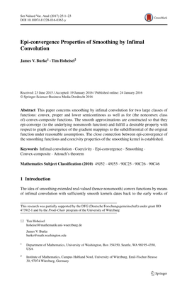 Epi-Convergence Properties of Smoothing by Infimal Convolution