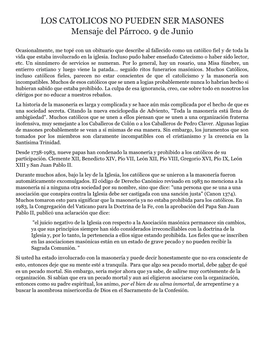 LOS CATOLICOS NO PUEDEN SER MASONES Mensaje Del Párroco. 9 De Junio