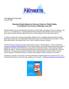 Hampton Roads Mayors to Discuss Violence, Public Safety in Facebook Live Forum on Monday, June 28Th