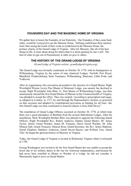 Founders Day and the Masonic Home of Virginia the History of the Grand Lodge of Virginia