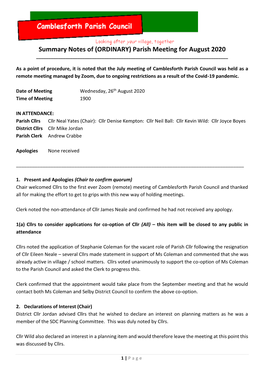 Summary Notes of (ORDINARY) Parish Meeting for August 2020 ______