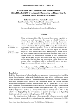 Mardi Goena, Krida Beksa Wirama, and Harbiranda: Skilful Hand of KRT Jayadipura in Developing and Preserving the Javanese Culture, from 1920S to the 1930S