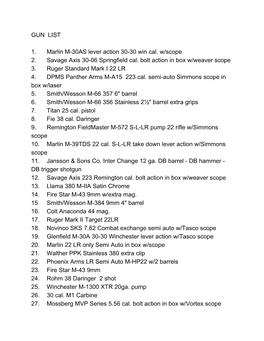 GUN LIST 1. Marlin M-30AS Lever Action 30-30 Win Cal. W/Scope 2