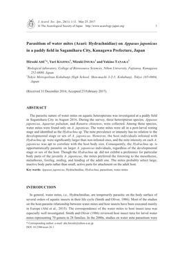 Parasitism of Water Mites (Acari: Hydrachnidiae) on Appasus Japonicus in a Paddy Field in Sagamihara City, Kanagawa Prefecture, Japan