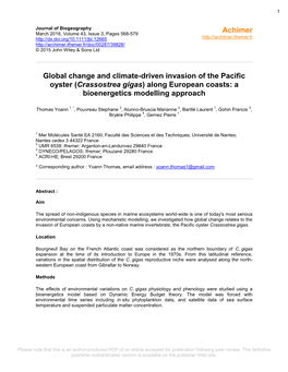 Crassostrea Gigas) Along European Coasts: a Bioenergetics Modelling Approach