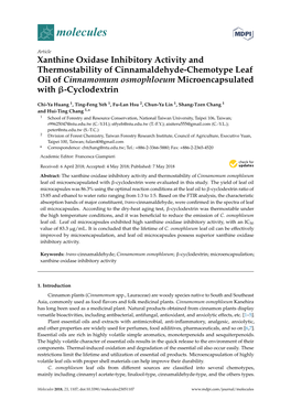 Xanthine Oxidase Inhibitory Activity and Thermostability of Cinnamaldehyde-Chemotype Leaf Oil of Cinnamomum Osmophloeum Microencapsulated with Β-Cyclodextrin