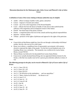 Discussion Questions for the Shakespeare Play Julius Caesar and Plutarch’S Life of Julius Caesar