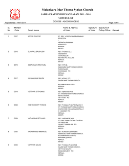 Malankara Mar Thoma Syrian Church SABHA PRATHINIDHI MANDALAM 2011 - 2014 VOTERS LIST DIOCESE - ADOOR DIOCESE Report Date: 19/07/2011 Page 1 of 6