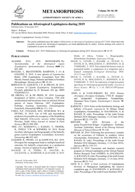 Metamorphosis Issn 1018–6490 (Print) Lepidopterists’ Society of Africa Issn 2307–5031 (Online)