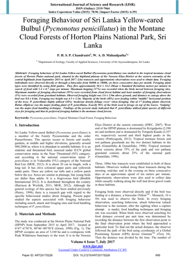 Foraging Behaviour of Sri Lanka Yellow-Eared Bulbul (Pycnonotus Penicillatus) in the Montane Cloud Forests of Horton Plains National Park, Sri Lanka