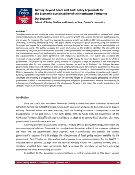 Policy Arguments for the Economic Sustainability of the Northwest Territories Don Couturier School of Policy Studies and Faculty of Law, Queen’S University