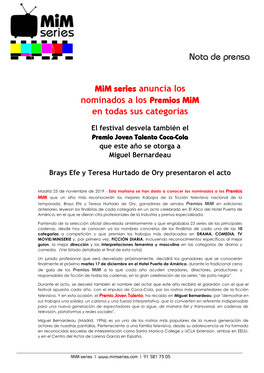 Mim Series Anuncia Los Nominados a Los Premios Mim En Todas Sus Categorías