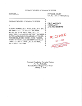 Complaint ) and Jury Demand Purdue Pharma L.P., Purdue Pharma Inc., ) Richard Sackler, Theresa Sackler, ) Kathe Sackler, Jonathan Sackler, ) Mortimer D.A