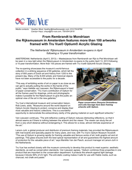 From Rembrandt to Mondriaan the Rijksmuseum in Amsterdam Features More Than 100 Artworks Framed with Tru Vue® Optium® Acrylic Glazing