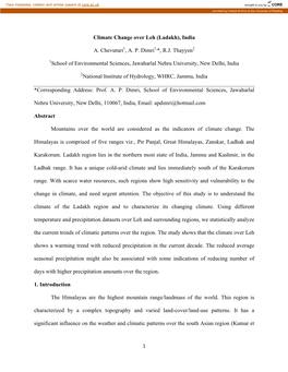 Climate Change Over Leh (Ladakh), India A. Chevuturi , A. P. Dimri *, R.J. Thayyen School of Environmental Sciences, Jawaharlal