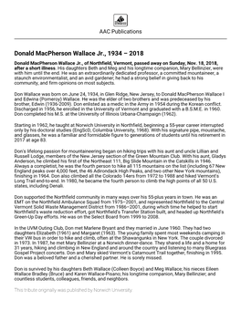 Donald Macpherson Wallace Jr., 1934 – 2018 Donald Macpherson Wallace Jr., of Northfield, Vermont, Passed Away on Sunday, Nov