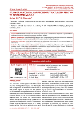 STUDY of ANATOMICAL VARIATIONS of STRUCTURES in RELATION to PIRIFORMIS MUSCLE Shylaja D K *1, B R Ramesh 2