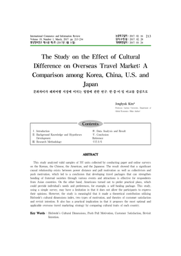 The Study on the Effect of Cultural Difference on Overseas Travel Market: a Comparison Among Korea, China, U.S