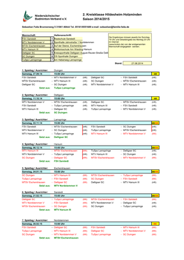 2. Kreisklasse Hildesheim Holzminden Saison 2014/2015