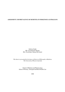 Assessment and Prevalence of Dementia in Indigenous Australians