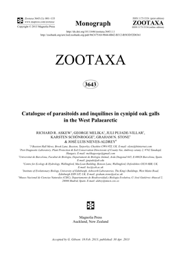 Catalogue of Parasitoids and Inquilines in Cynipid Oak Galls in the West Palaearctic