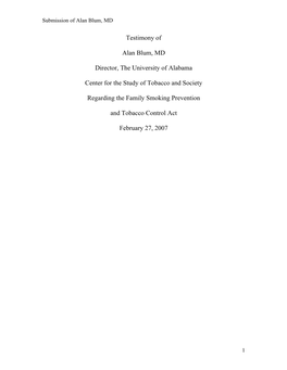 Testimony of Alan Blum, MD Director, the University of Alabama Center