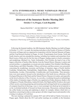 Abstracts of the Immature Beetles Meeting 2013 October 3–4, Prague, Czech Republic