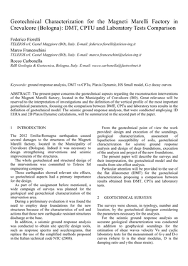 Geotechnical Characterization for the Magneti Marelli Factory in Crevalcore (Bologna): DMT, CPTU and Laboratory Tests Comparison