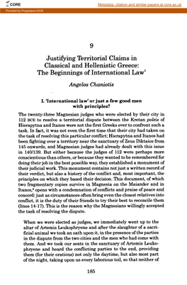 Justifying Territorial Claims in Classical and Hellenistic Greece: the Beginnings of International Law1