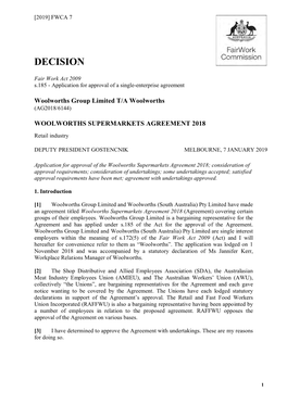 Woolworths Supermarkets Agreement 2018