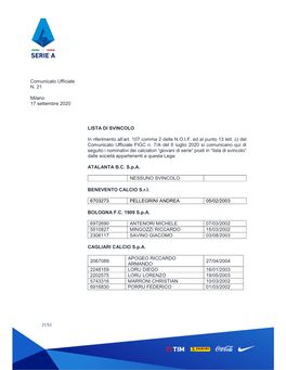 LISTA DI SVINCOLO in Riferimento All'art. 107 Comma 2 Delle N.O.I.F