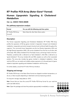 RT² Profiler PCR Array (Rotor-Gene® Format) Human Lipoprotein Signaling & Cholesterol Metabolism