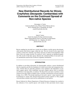 New Distributional Records for Illinois Crayfishes (Decapoda: Cambaridae) with Comments on the Continued Spread of Non-Native Species