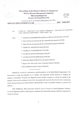 Thiruvananthapuram (Present: Dr.Navjotkkhosa IAS) AATHA Issued U/S 26, 30, 34 of Disaster Management Act-2005) Dtd:- 24.04.2021 DDMA/01/2020/COVID/H7/CZ-156