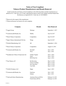 Notice of Non-Compliant Tobacco Product Manufacturers and Brands Removed