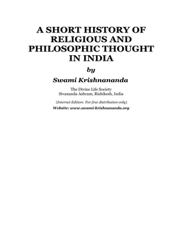 A Short History of Religious and Philosophic Thought in India